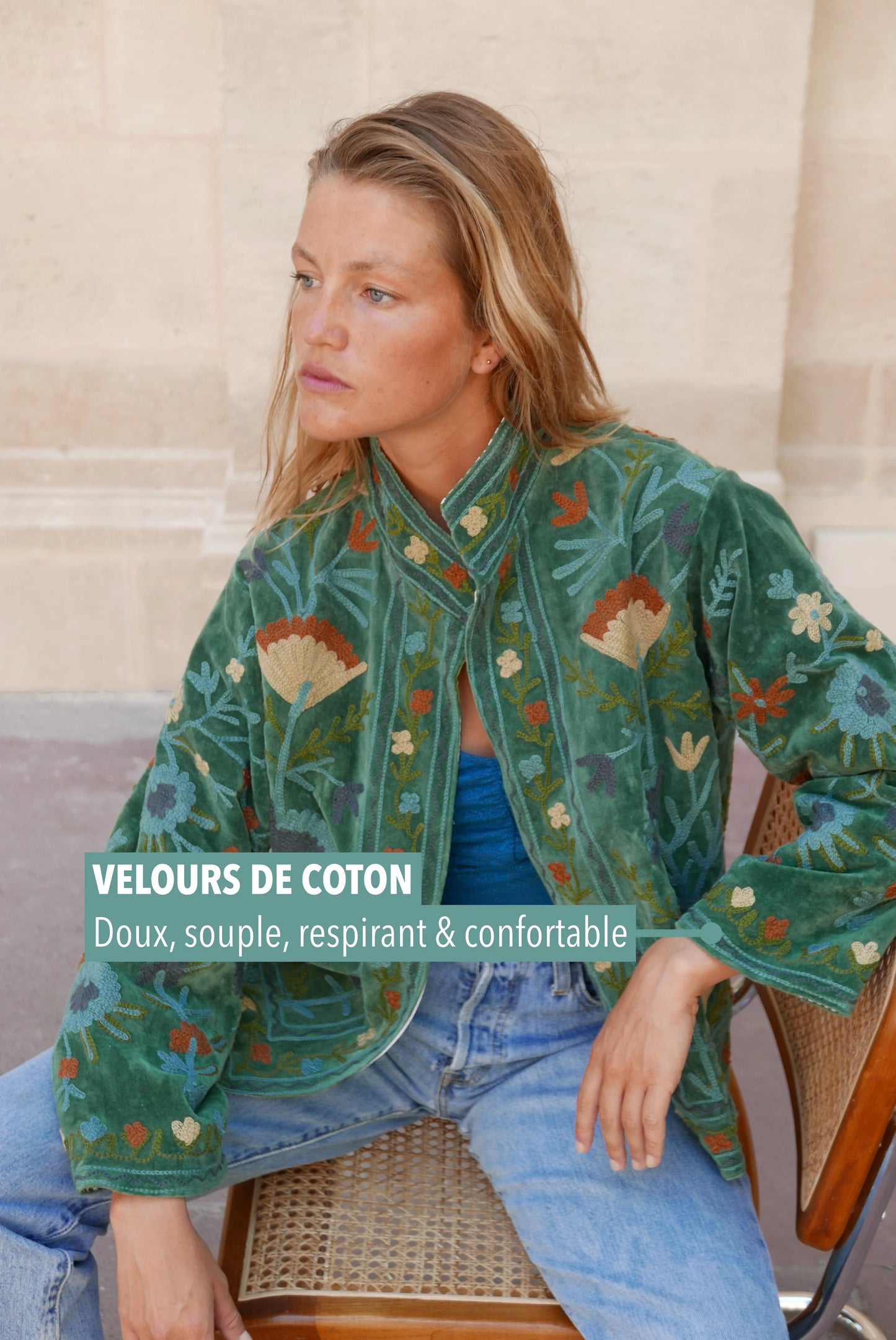 Veste Brodée VERTE, velours & broderies multicolores