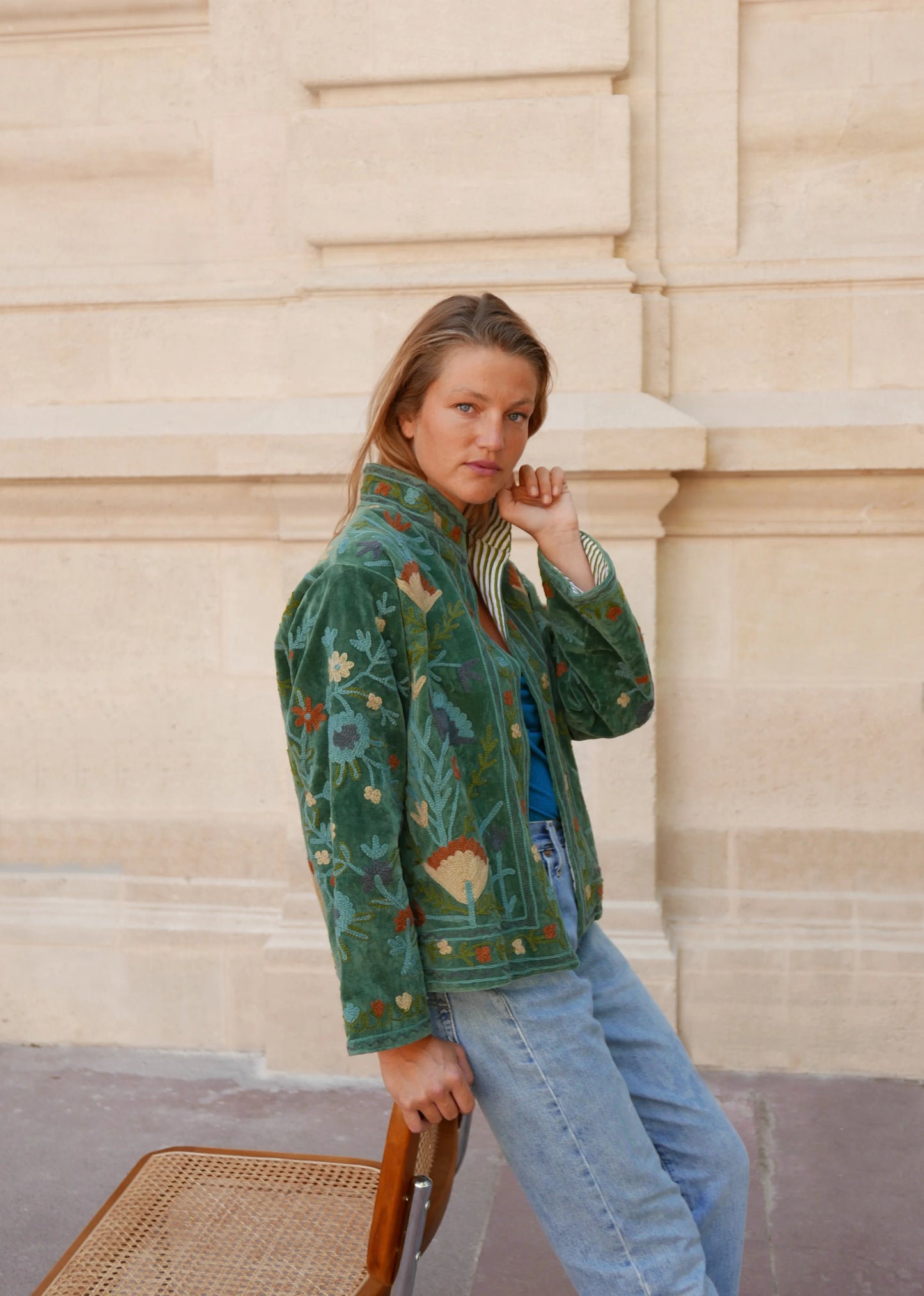 Veste Brodée VERTE, velours & broderies multicolores