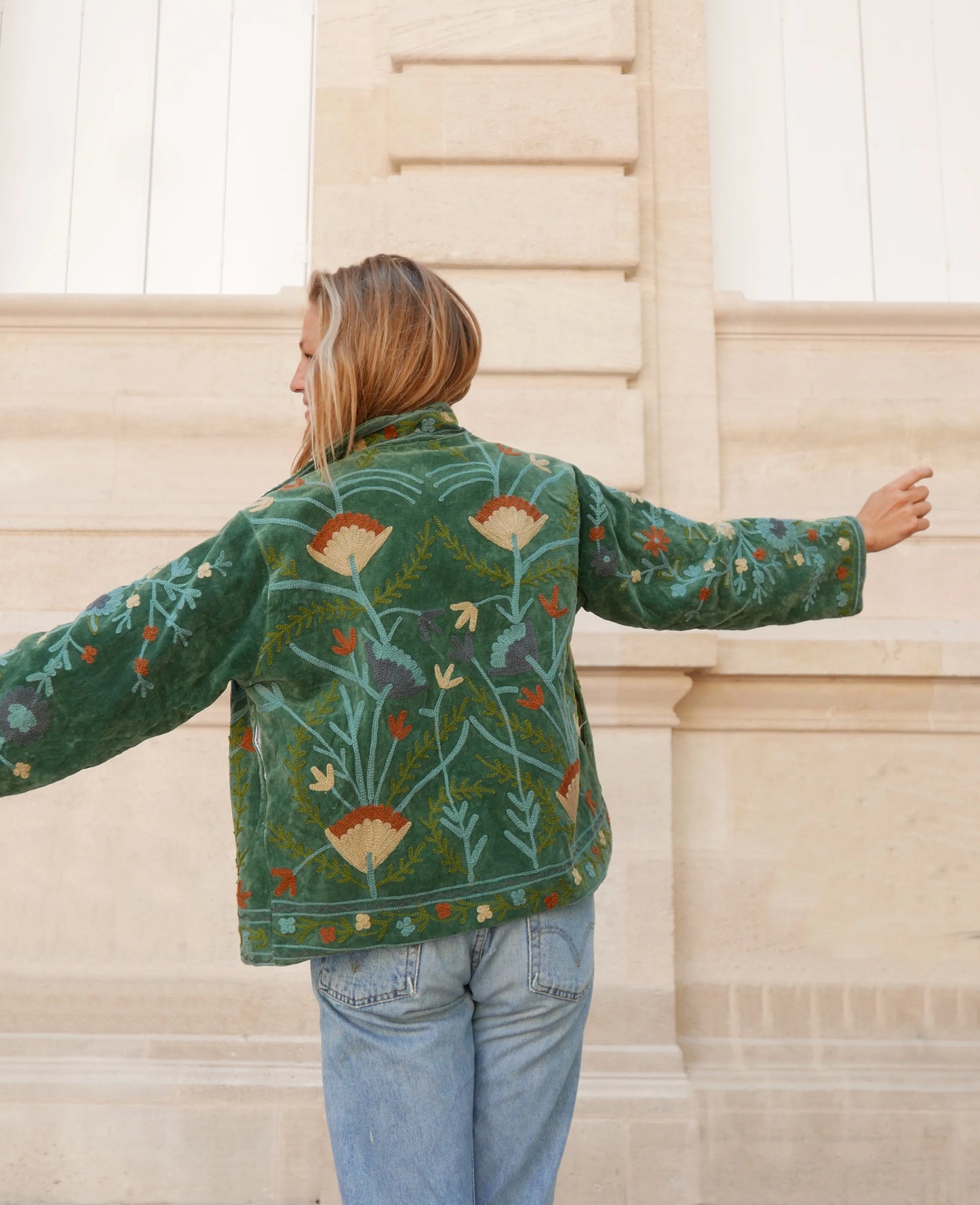 Veste Brodée VERTE, velours & broderies multicolores