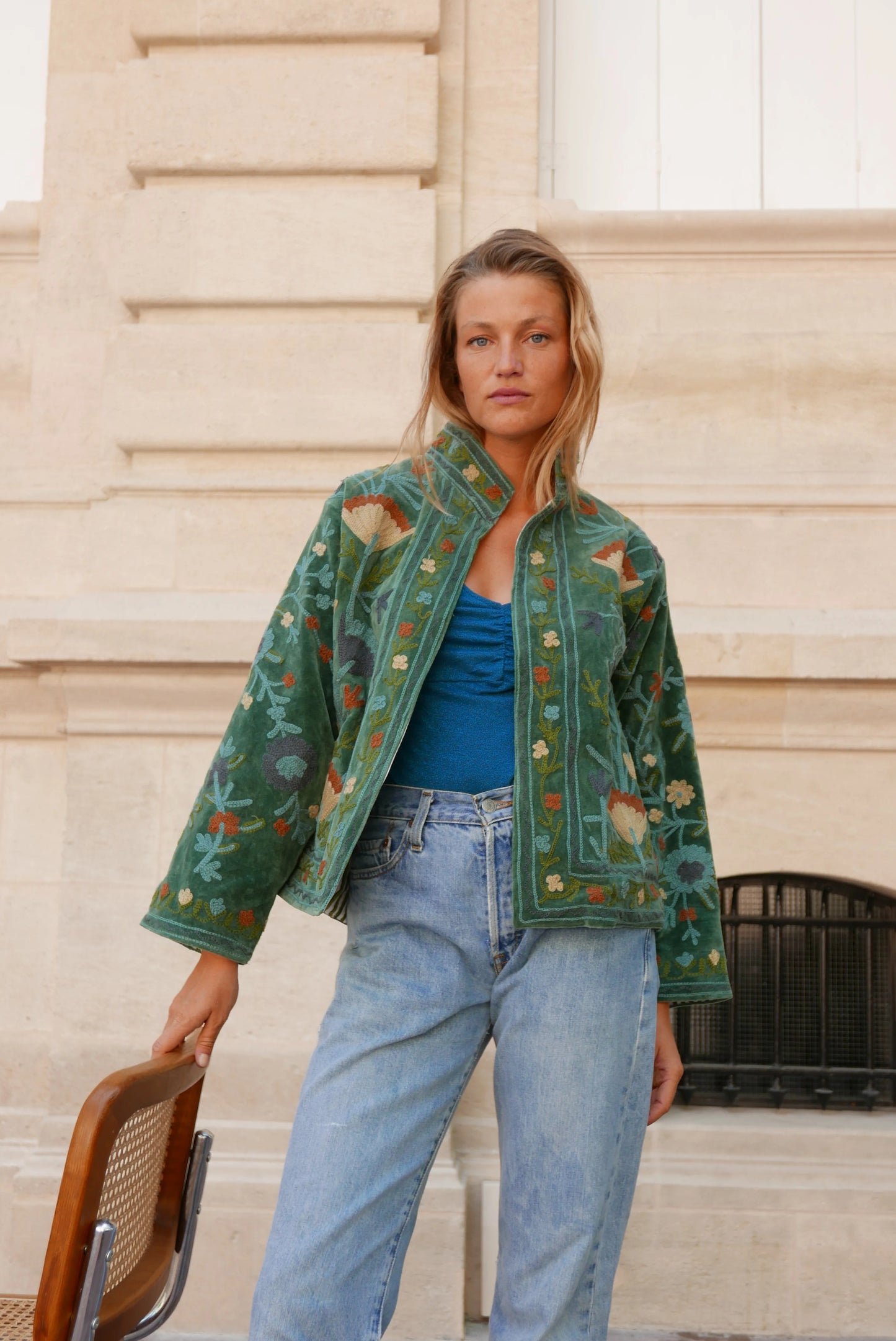 Veste Brodée VERTE, velours & broderies multicolores
