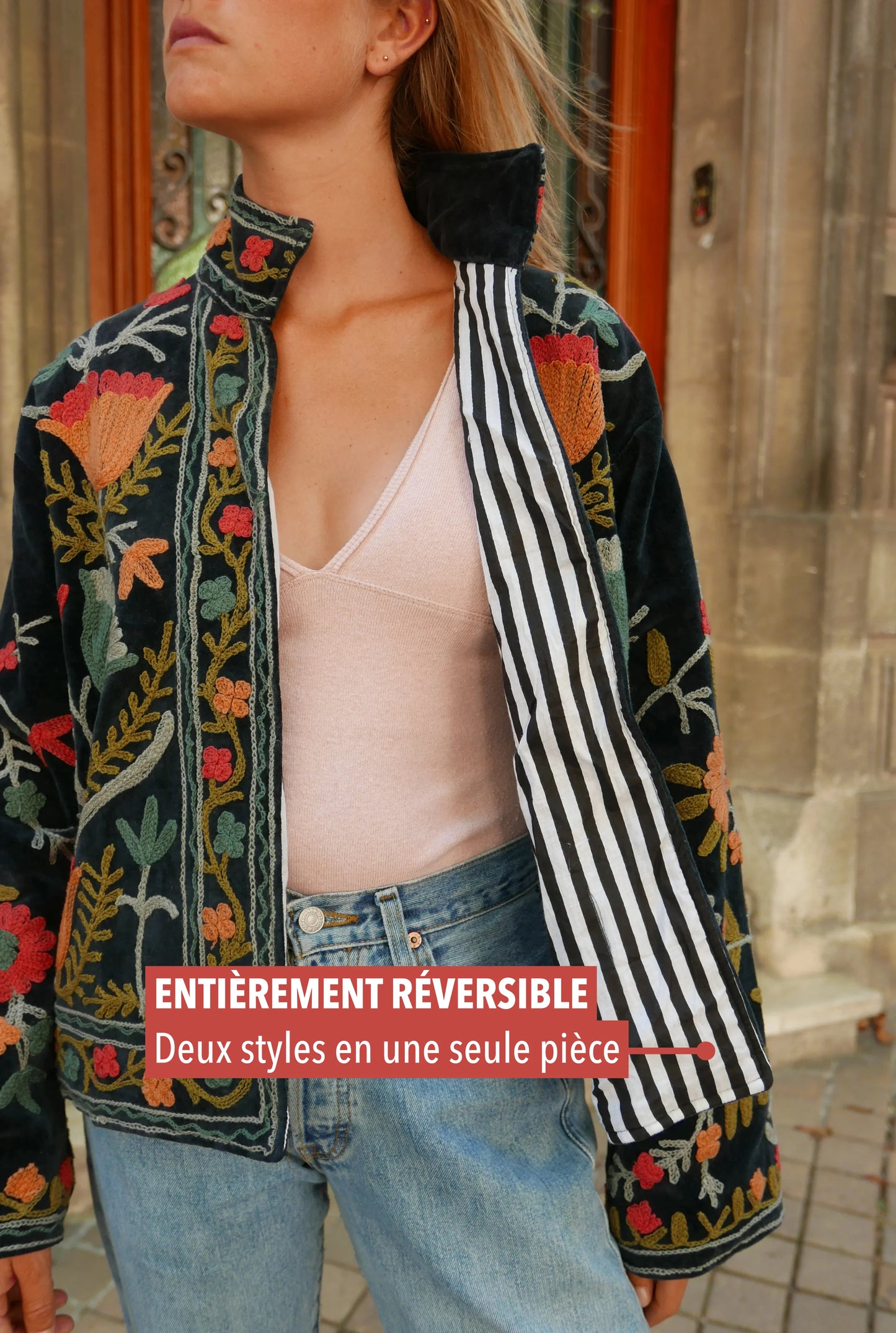 Veste Brodée NOIRE - Rouge Corail