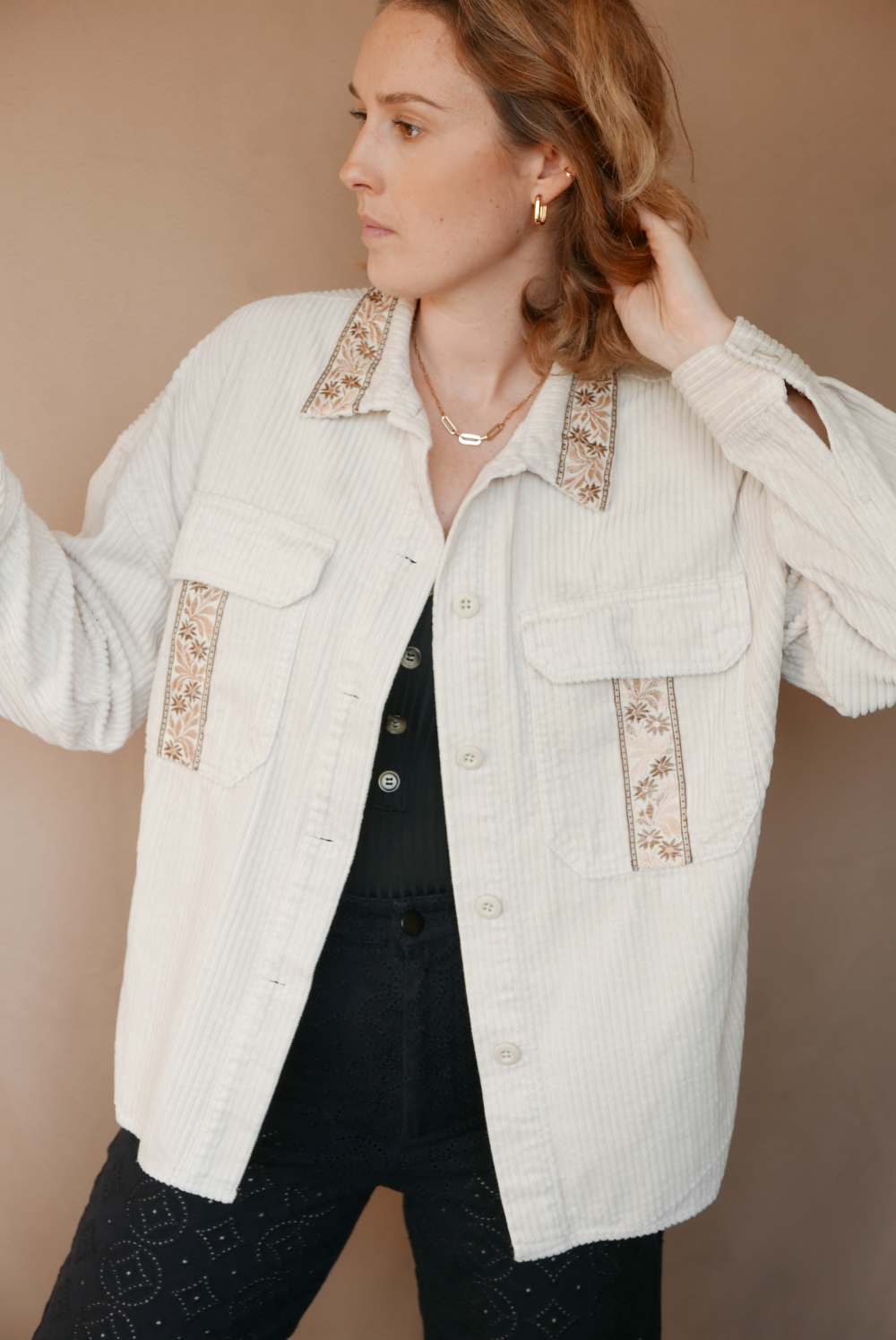 Veste Surchemise Blanc Crème Velours Côtelé
