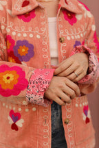 Veste en velours brodé Poupée Rousse × Red Macchiato – Rose Pêche