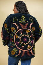 Veste Kimono en velours noir brodé