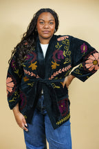 Veste Kimono en velours noir brodé