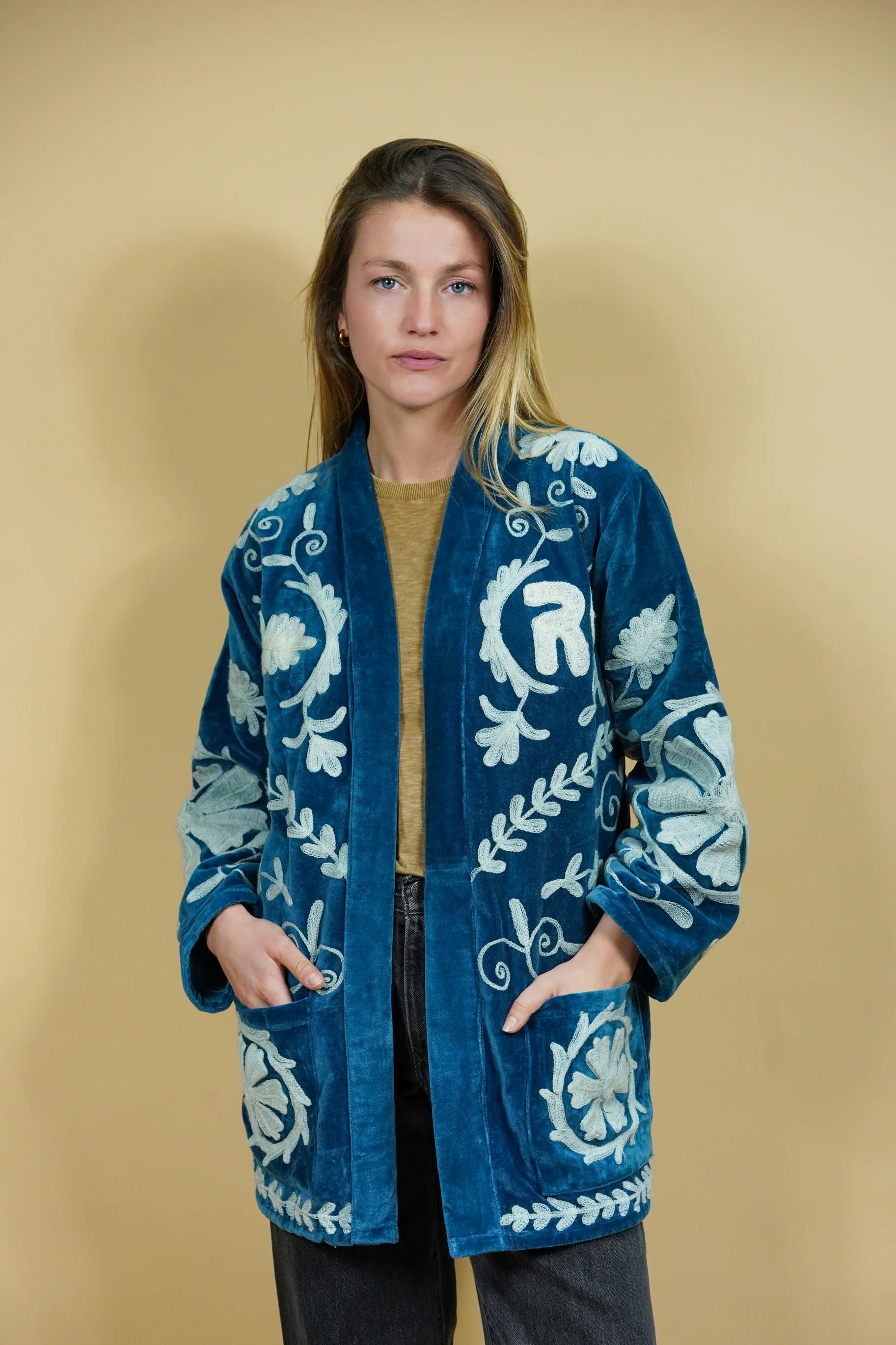 Veste Kimono en velours brodé - Bleu