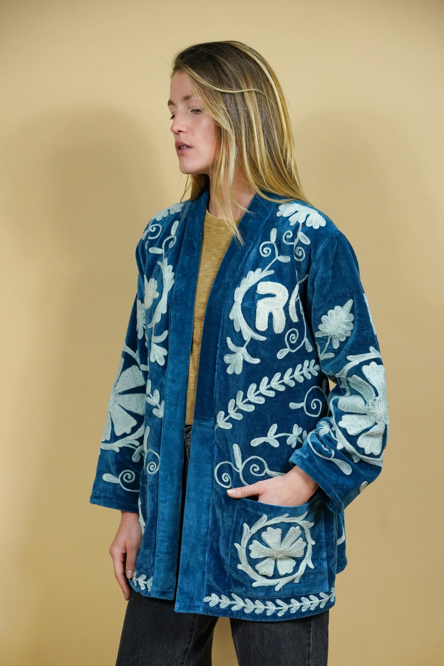 Veste Kimono en velours brodé - Bleu