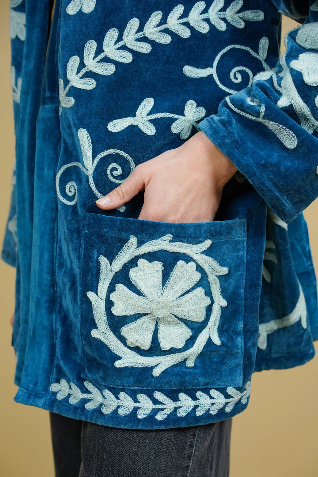 Veste Kimono en velours brodé - Bleu