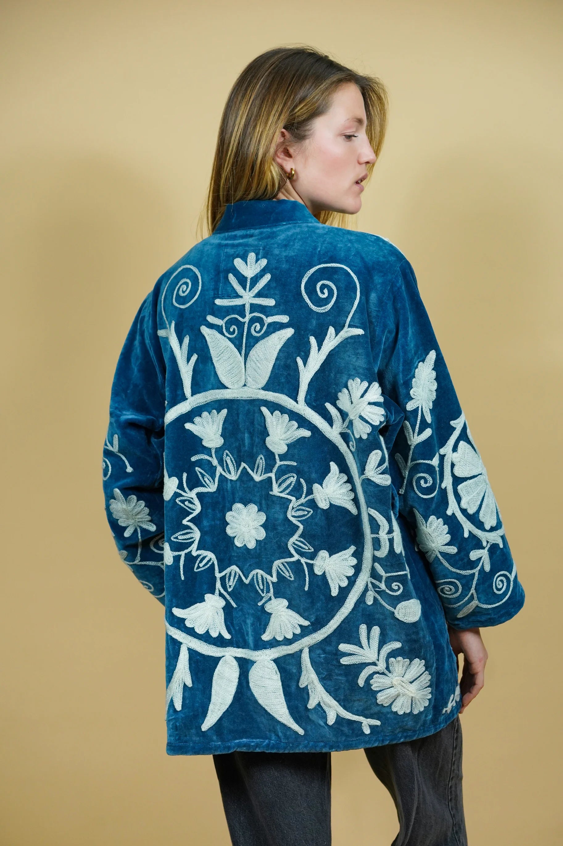 Veste Kimono en velours brodé - Bleu