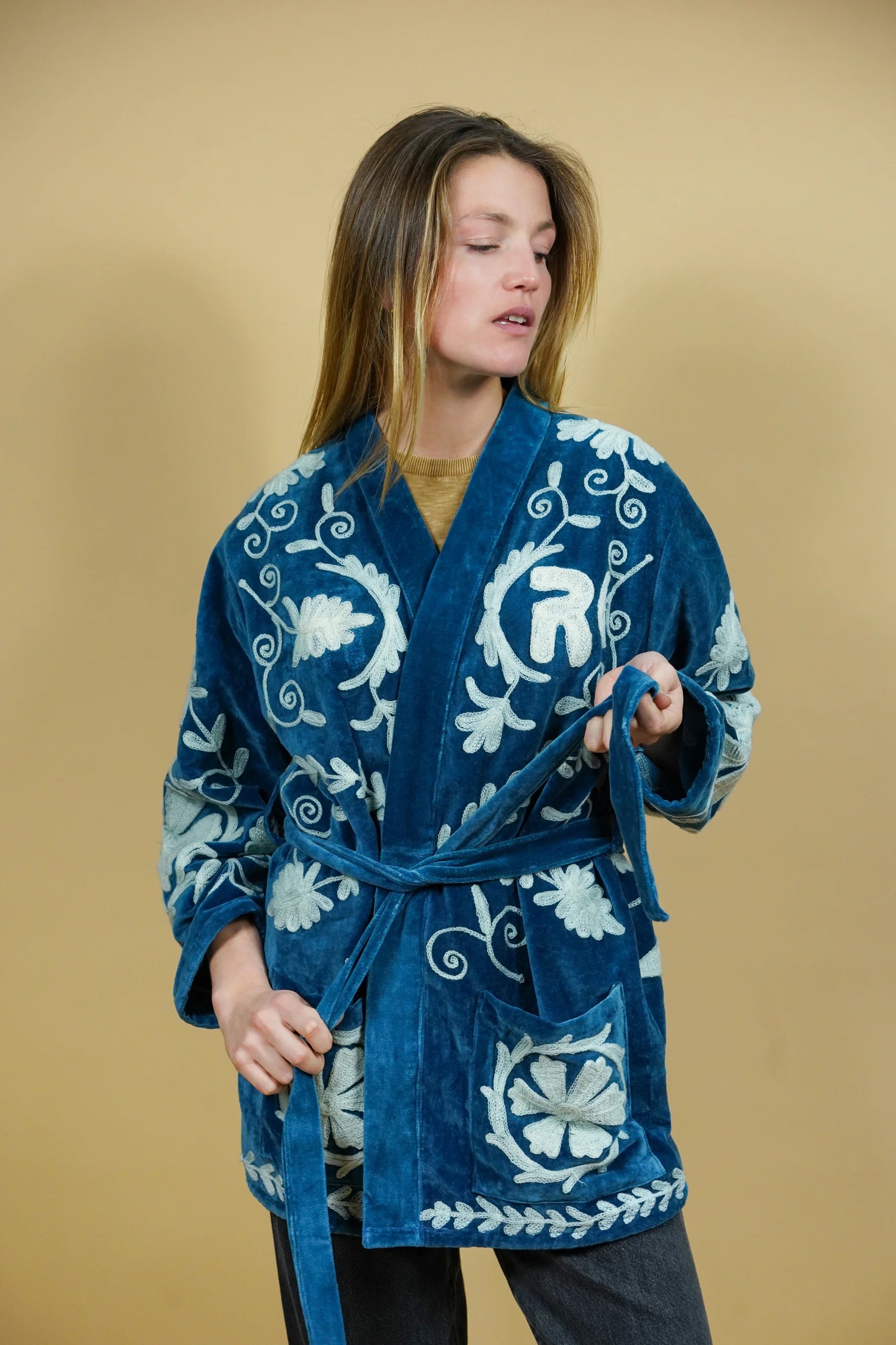 Veste Kimono en velours brodé - Bleu