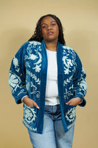 Veste Kimono en velours brodé - Bleu