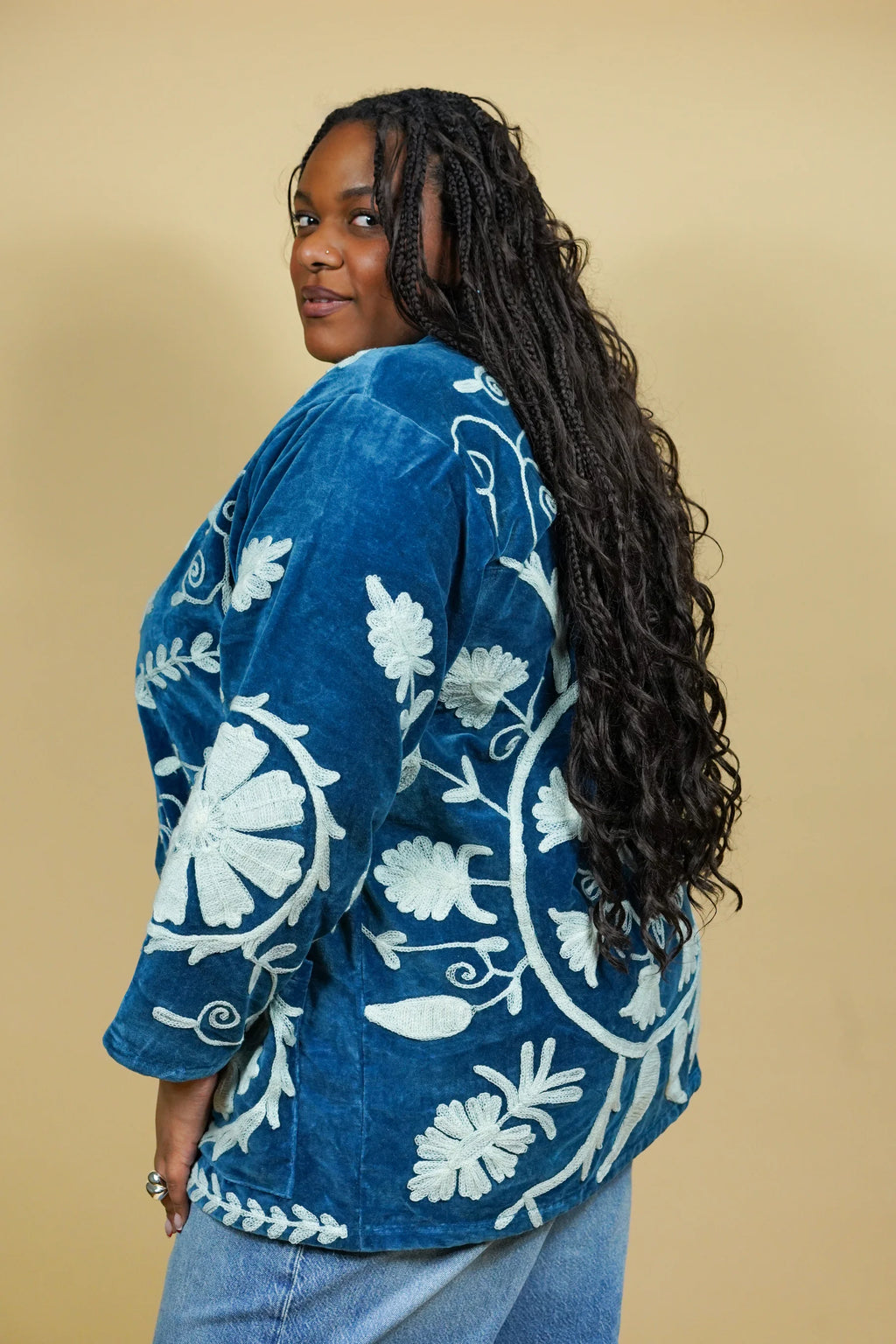 Veste Kimono en velours brodé - Bleu