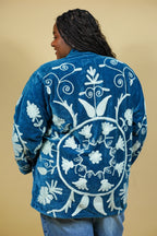 Veste Kimono en velours brodé - Bleu