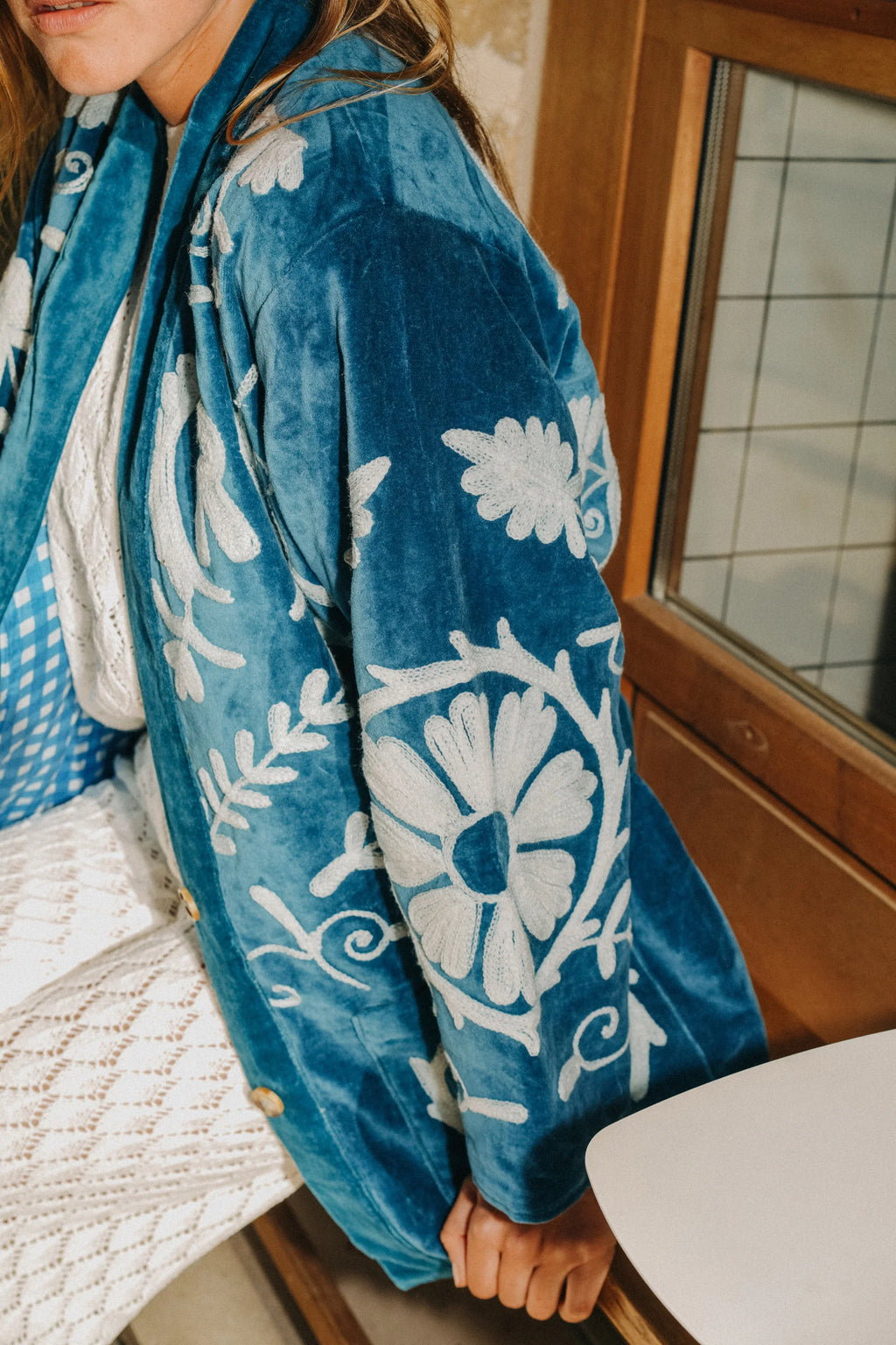 Veste Kimono en velours brodé - Bleu