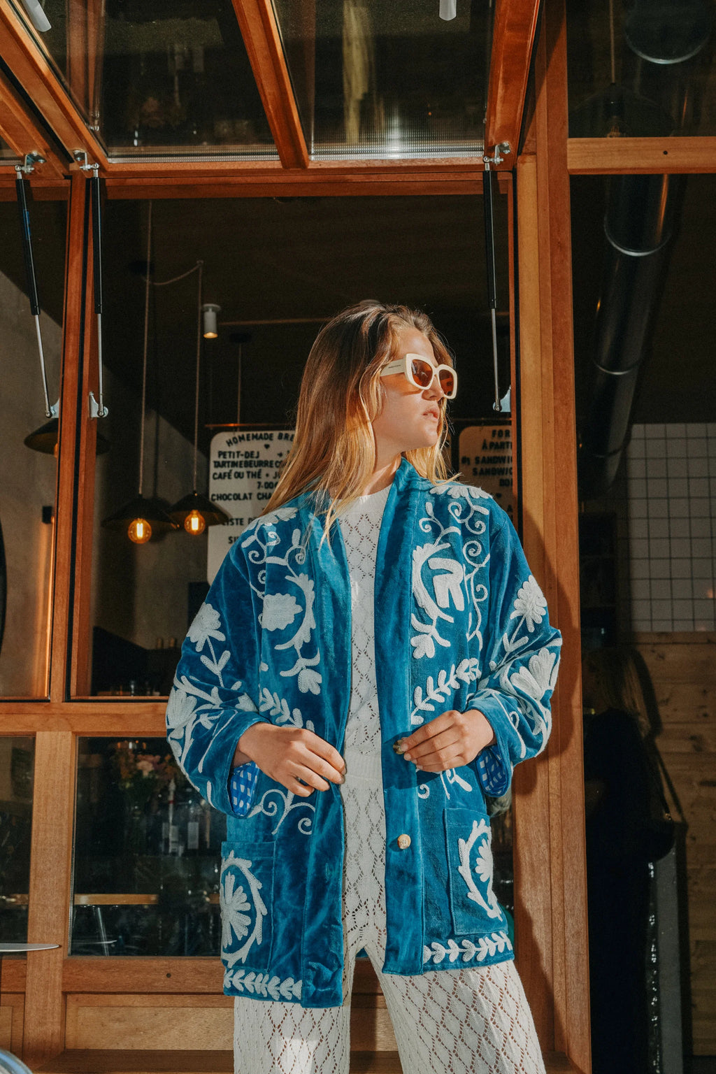 Veste Kimono en velours brodé - Bleu