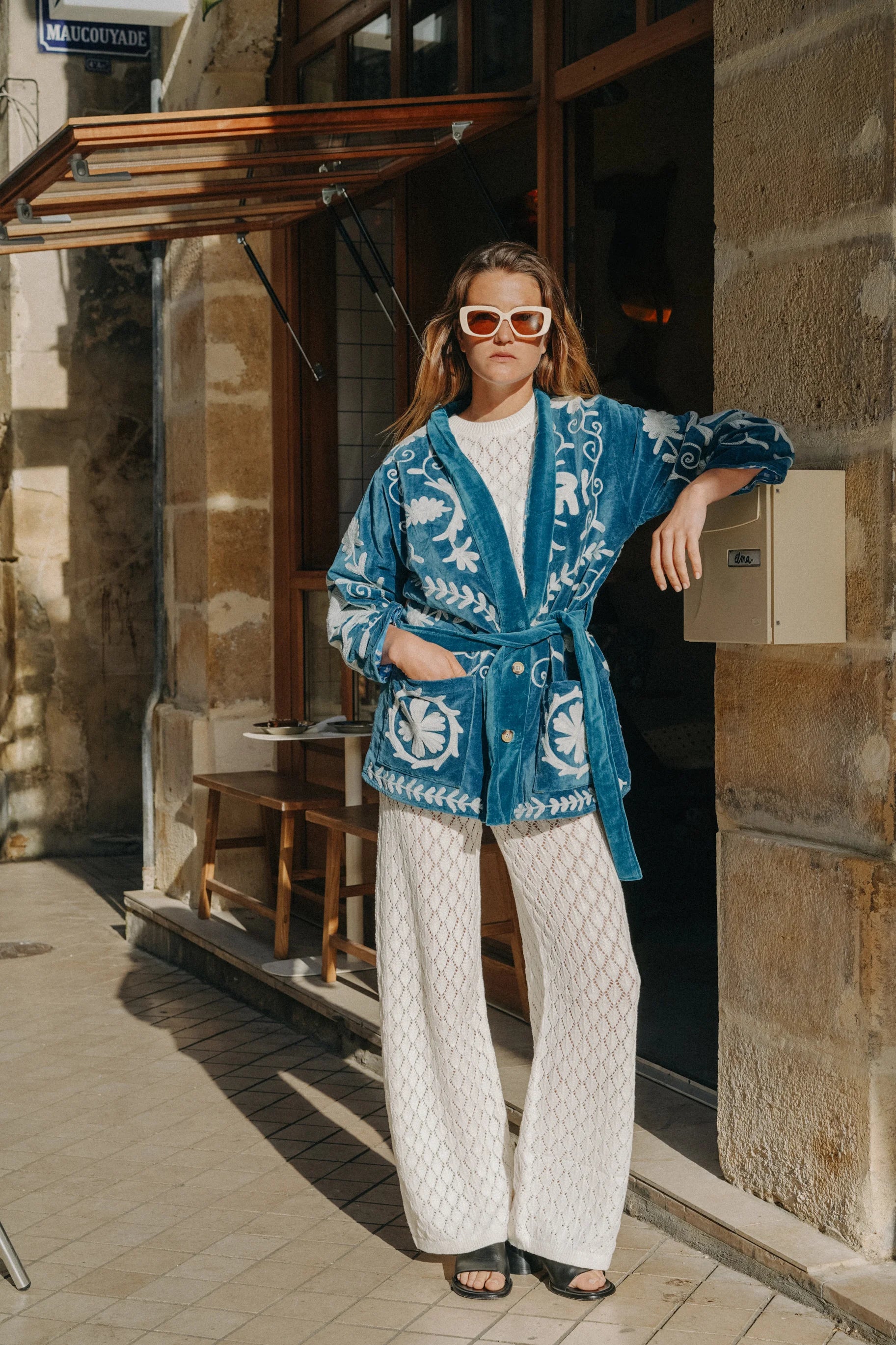 Veste Kimono en velours brodé - Bleu