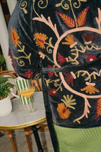 Veste Kimono en velours noir brodé