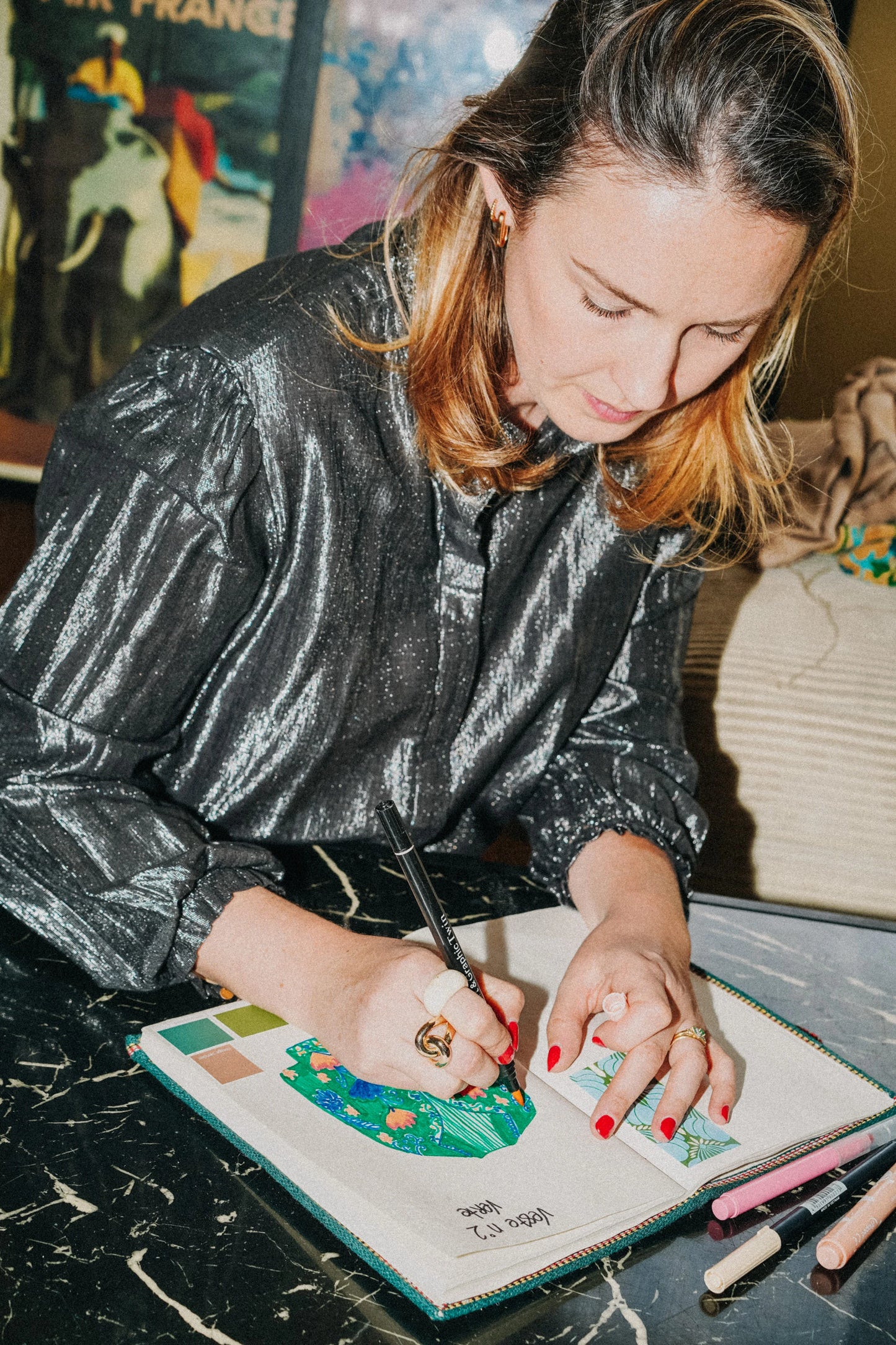 Veste Brodée VERTE, velours & broderies multicolores