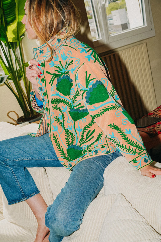 Veste Brodée BEIGE, velours & broderies bleu vert