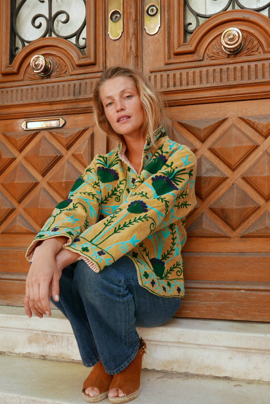 Veste Brodée BEIGE, velours & broderies bleu vert