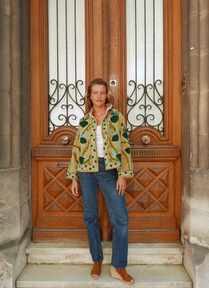 Veste Brodée BEIGE, velours & broderies bleu vert