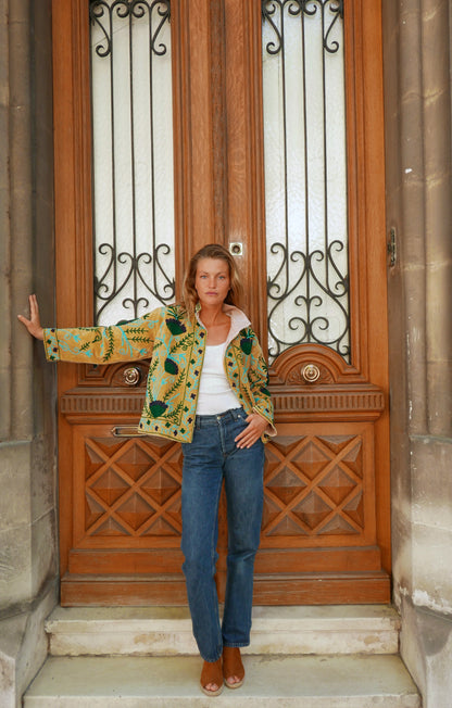Veste Brodée BEIGE, velours & broderies bleu vert