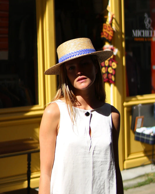 Chapeau de paille DANNA, galon bleu. Taille réglable