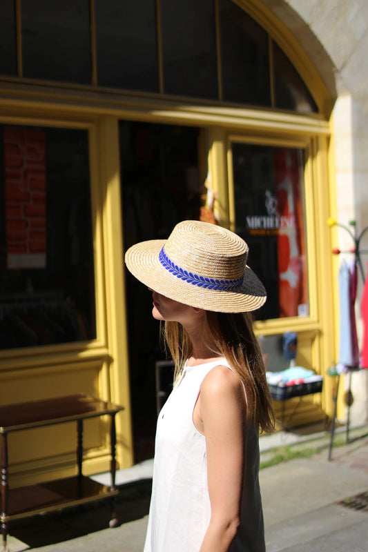 Chapeau de paille DANNA, galon bleu. Taille réglable