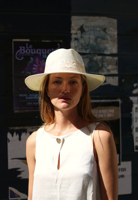 Chapeau de paille PAOLA, galon vanille. Taille réglable