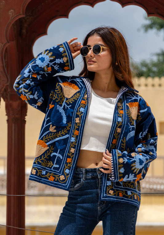 Veste Brodée BLEUE, velours & broderies multicolores