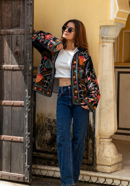 Veste Brodée NOIRE - Rouge Corail