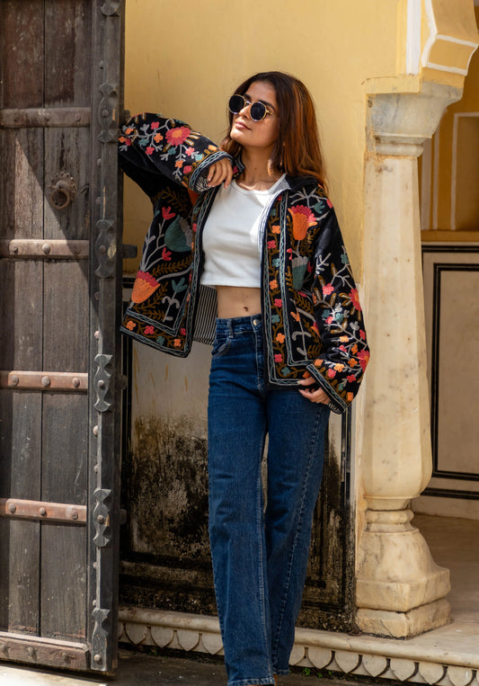 Veste Brodée NOIRE - Rouge Corail