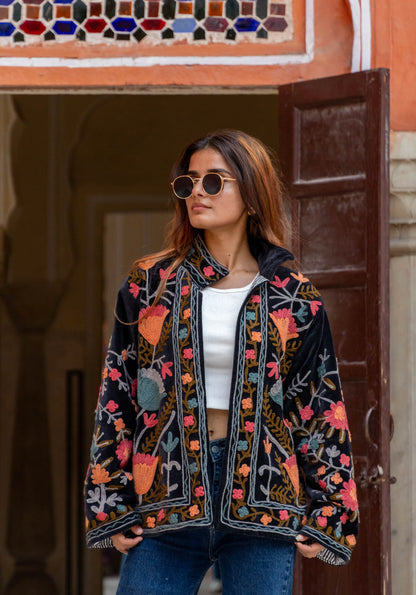Veste Brodée NOIRE - Rouge Corail