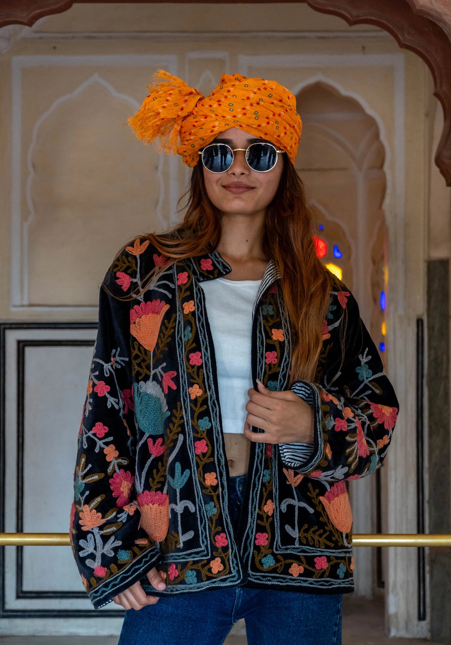 Veste Brodée NOIRE - Rouge Corail