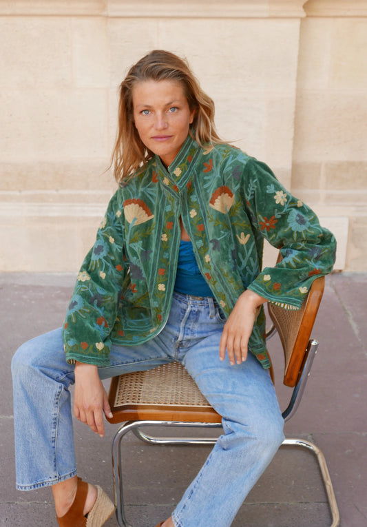 Veste Brodée VERTE, velours & broderies multicolores