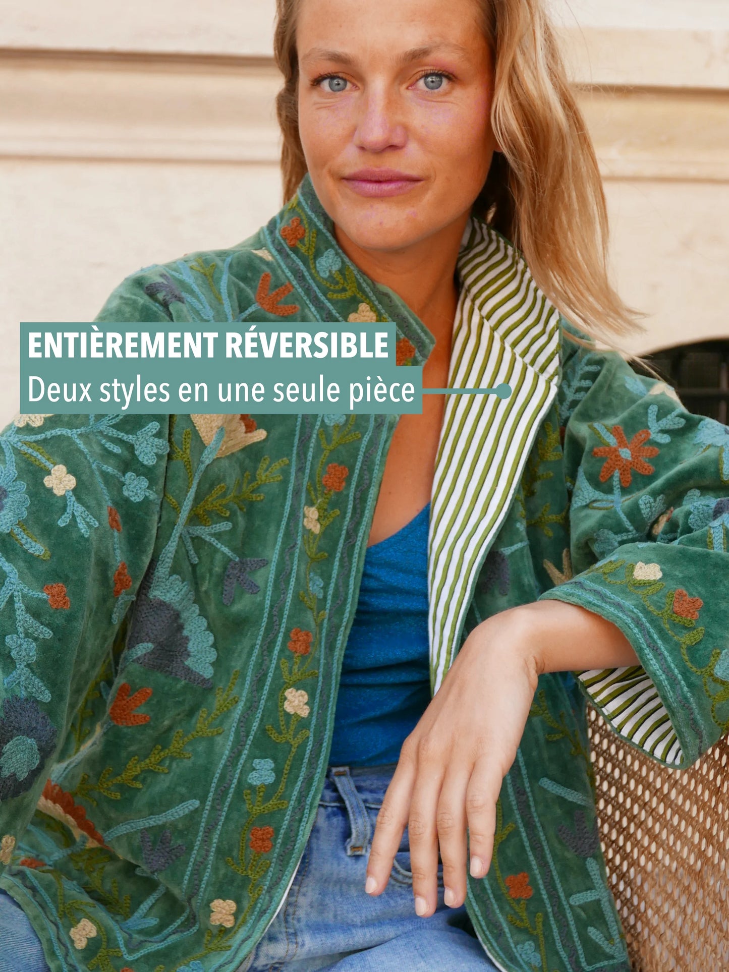 Veste Brodée VERTE, velours & broderies multicolores