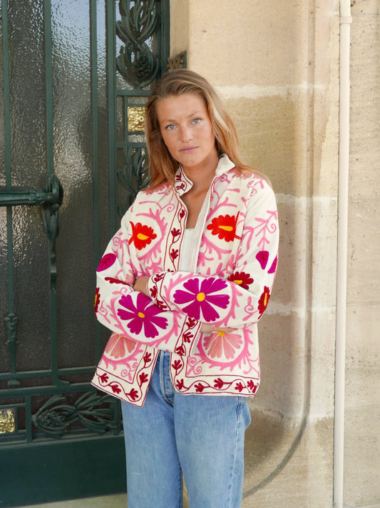 Veste Brodée BLANC CASSÉ, velours & broderies Rosées