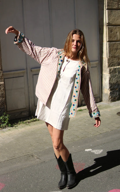 Veste Brodée BEIGE, velours & broderies bleu vert