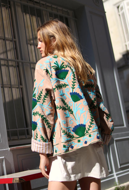 Veste Brodée BEIGE, velours & broderies bleu vert