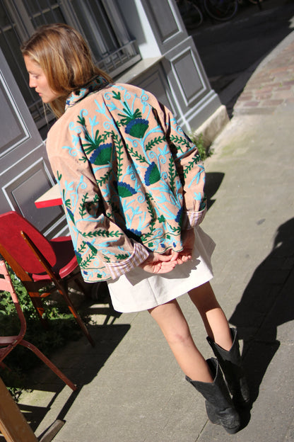Veste Brodée BEIGE, velours & broderies bleu vert