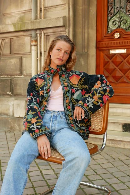 Veste Brodée NOIRE - Rouge Corail