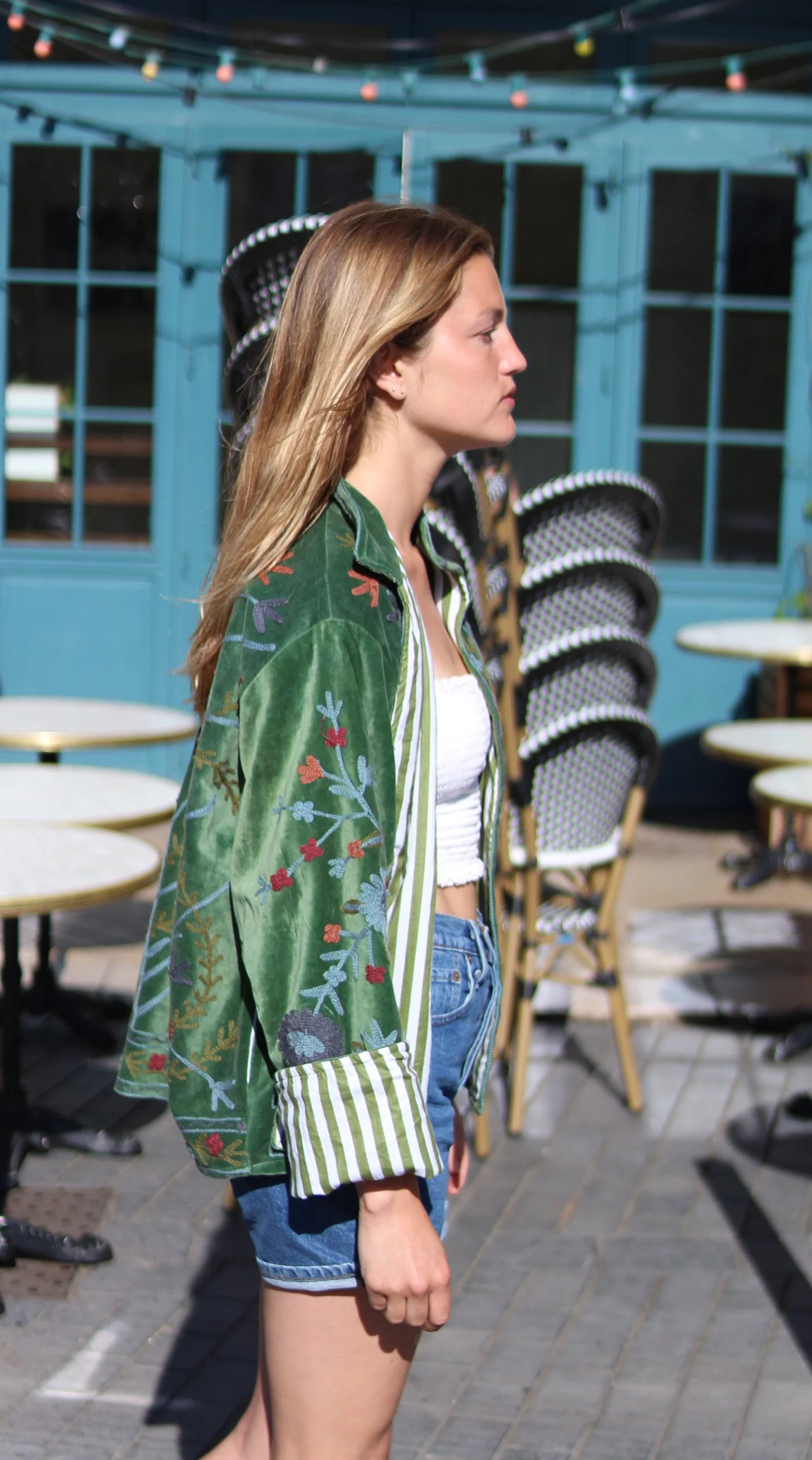 Veste Brodée VERTE, velours & broderies multicolores