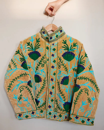 Veste Brodée BEIGE, velours & broderies bleu vert