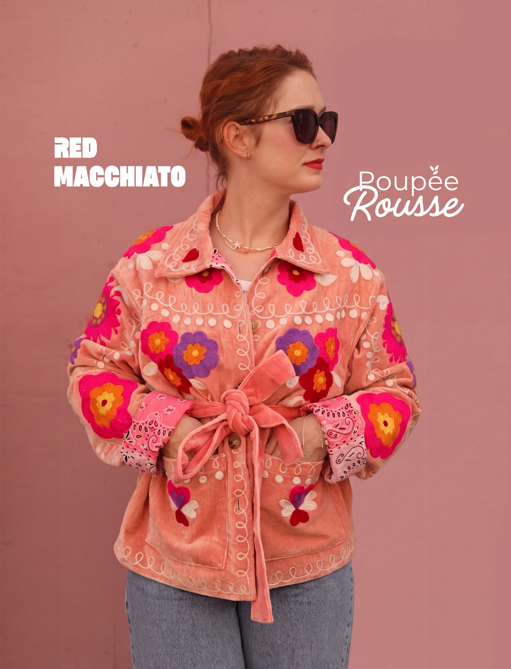 Veste en velours brodé Poupée Rousse × Red Macchiato – Rose Pêche