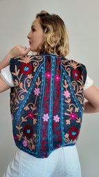 Gilet Réversible en velours brodé – Gris Foncé Bleuté