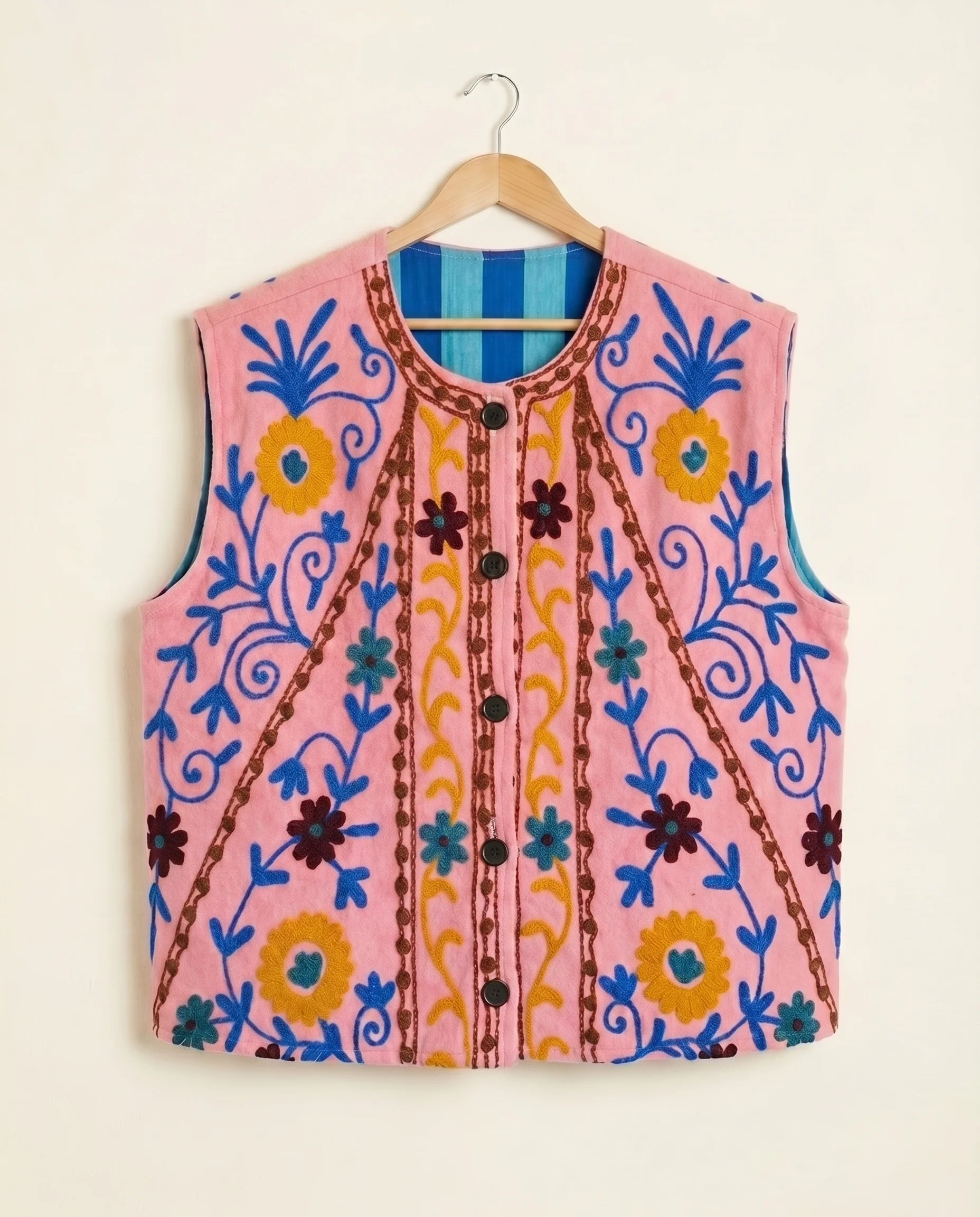 Gilet Réversible en velours brodé – Rose