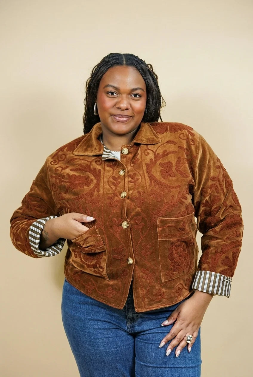 Veste en velours brodé Mona - Marron