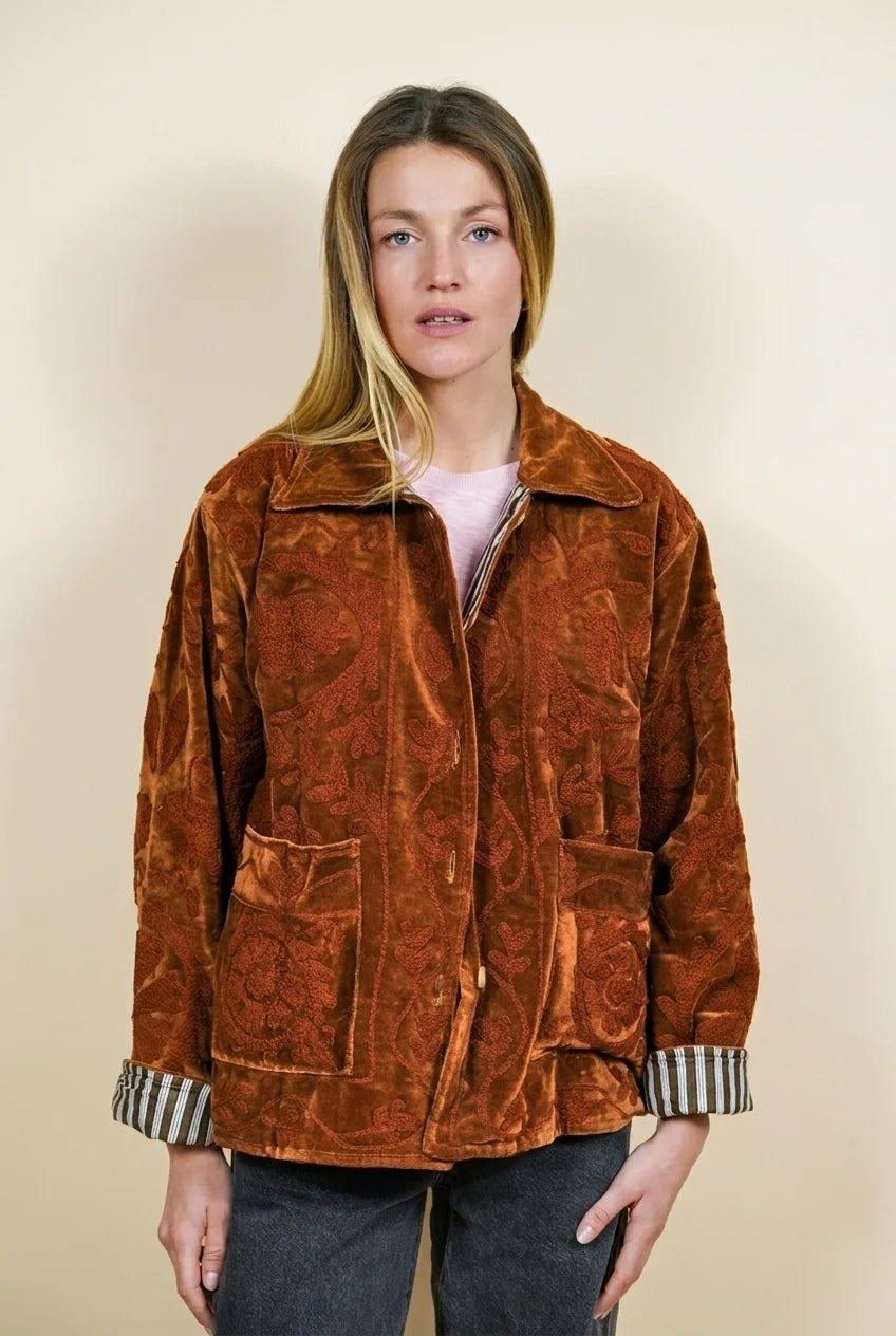 Veste en velours brodé Mona - Marron