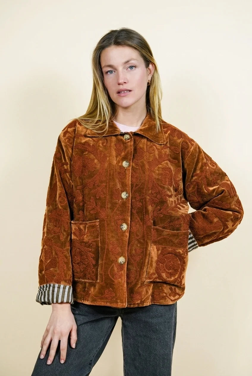 Veste en velours brodé Mona - Marron