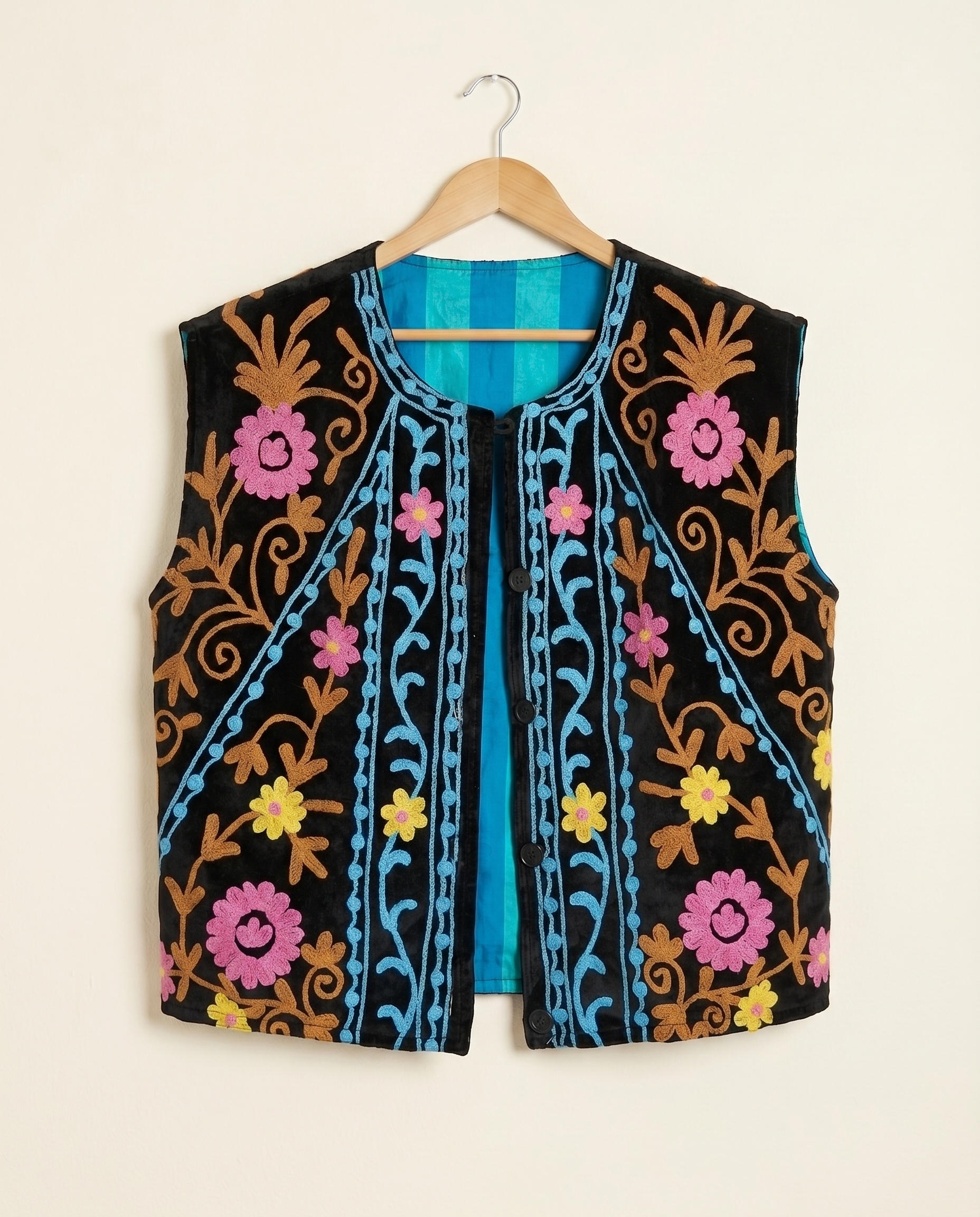 Gilet Réversible en velours brodé – Noir